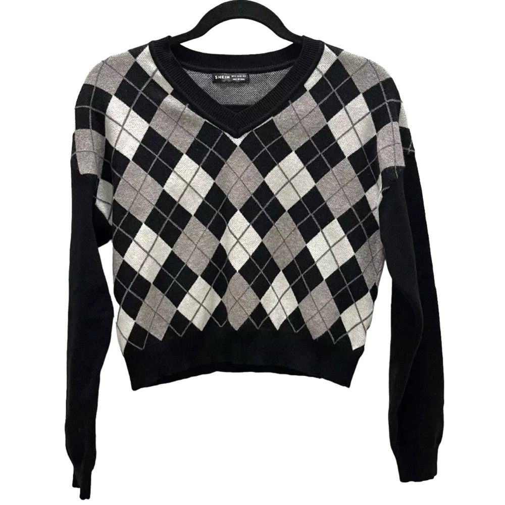 Shein Womens S Argyle Sweater Drop Shoulder Gray Black - Picture 4 of 8
